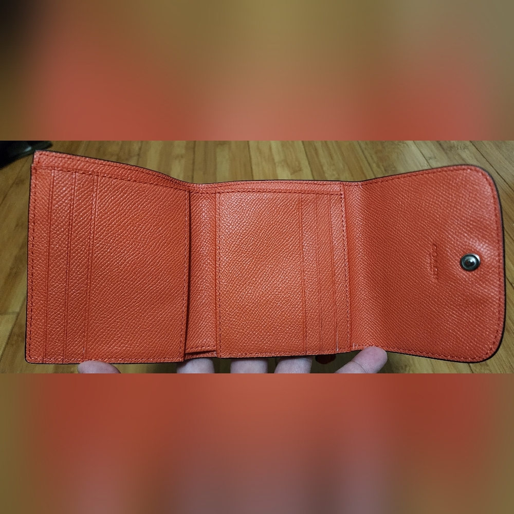 Coach Trifold Snap Small Wallet Coin Orange Crossgrain Pebbled Leather Zipper - Picture 4 of 11
